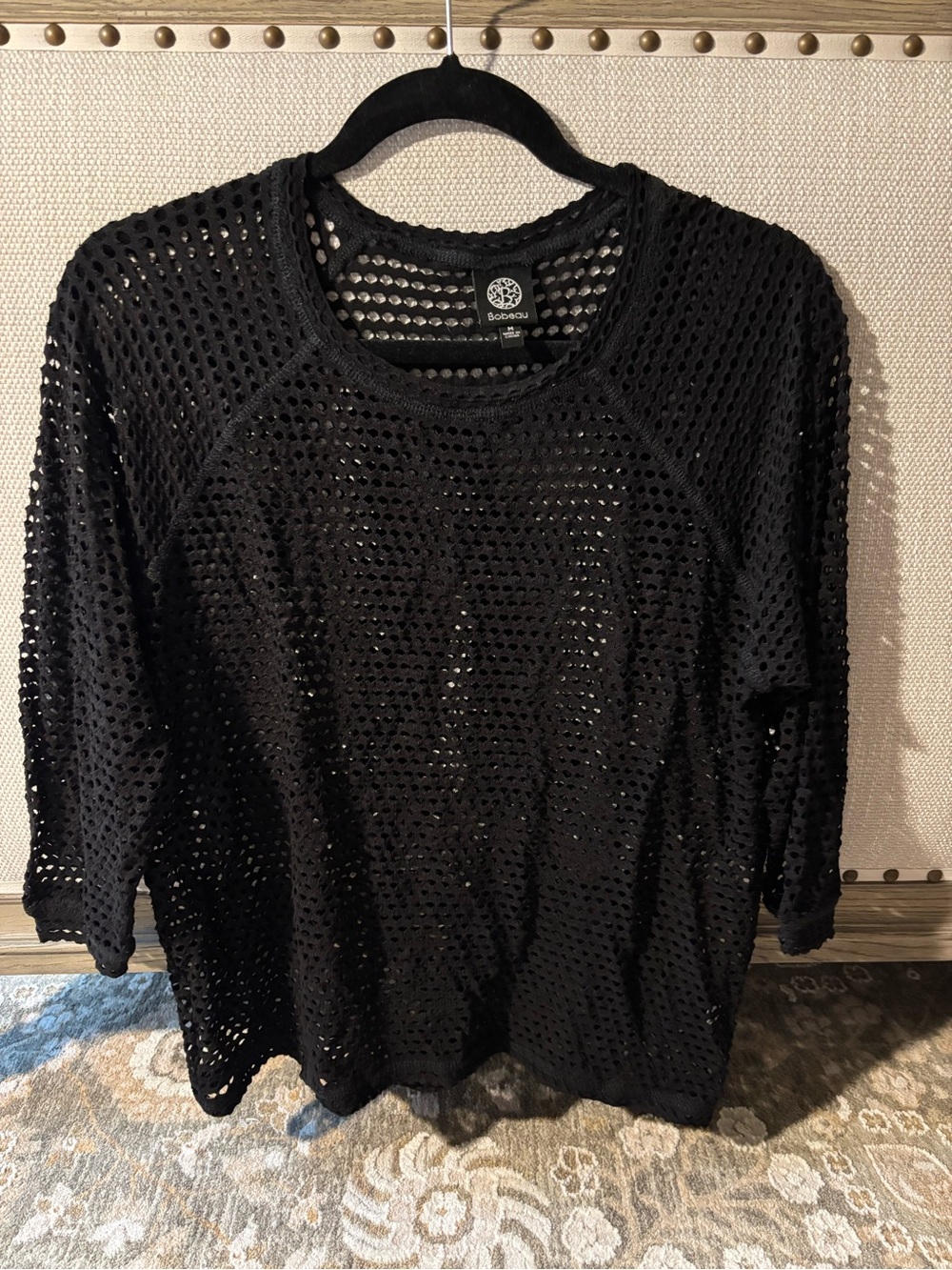 Bobeau Black Open-Weave Crewneck Pullover